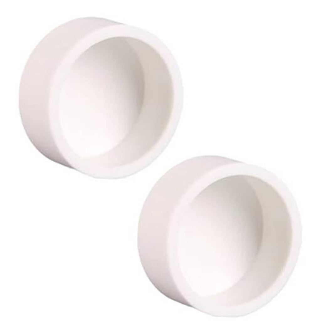 White 4 in PVC pipe end cap plug, two round caps shown on a single view