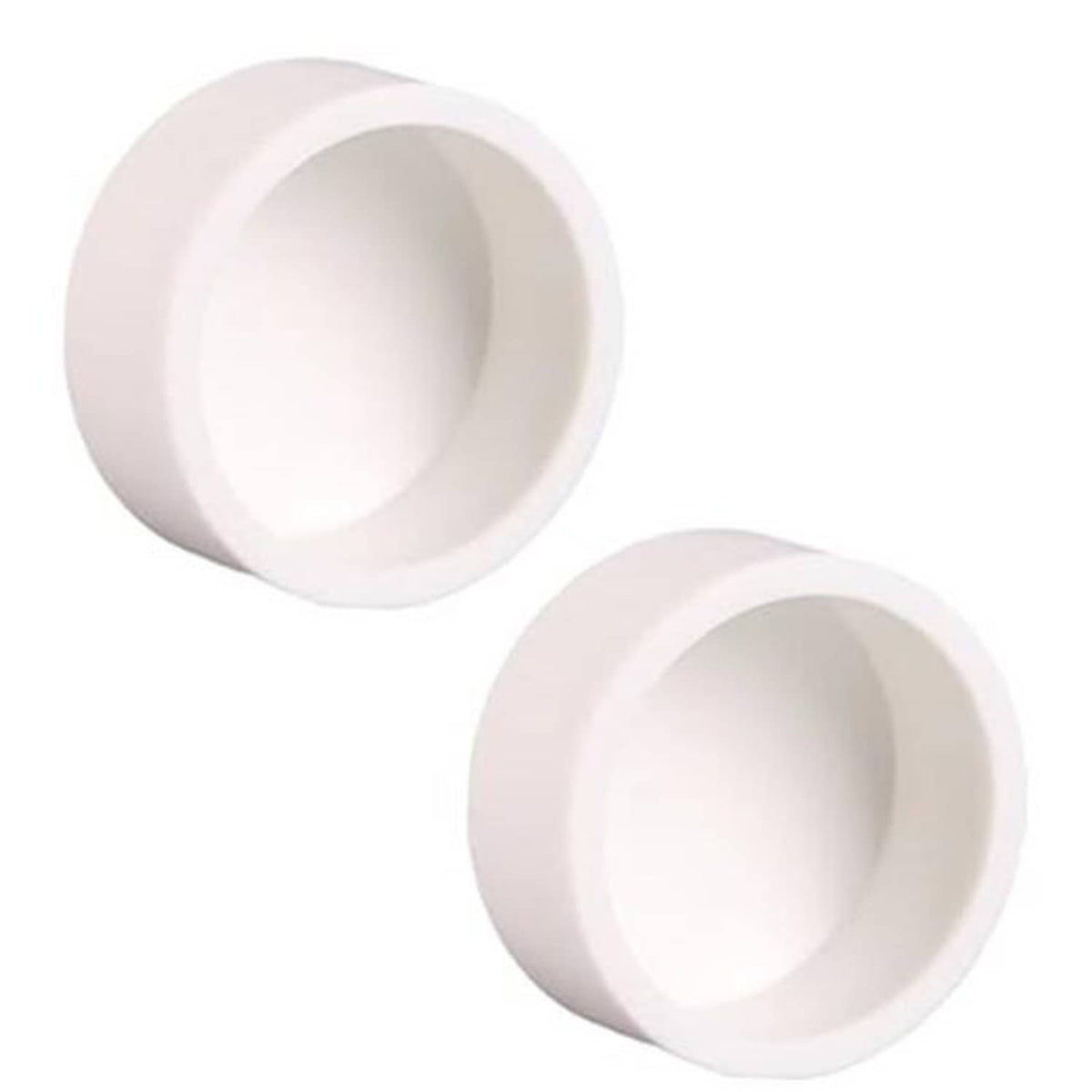 White 4 in PVC pipe end cap plug, two round caps shown on a single view