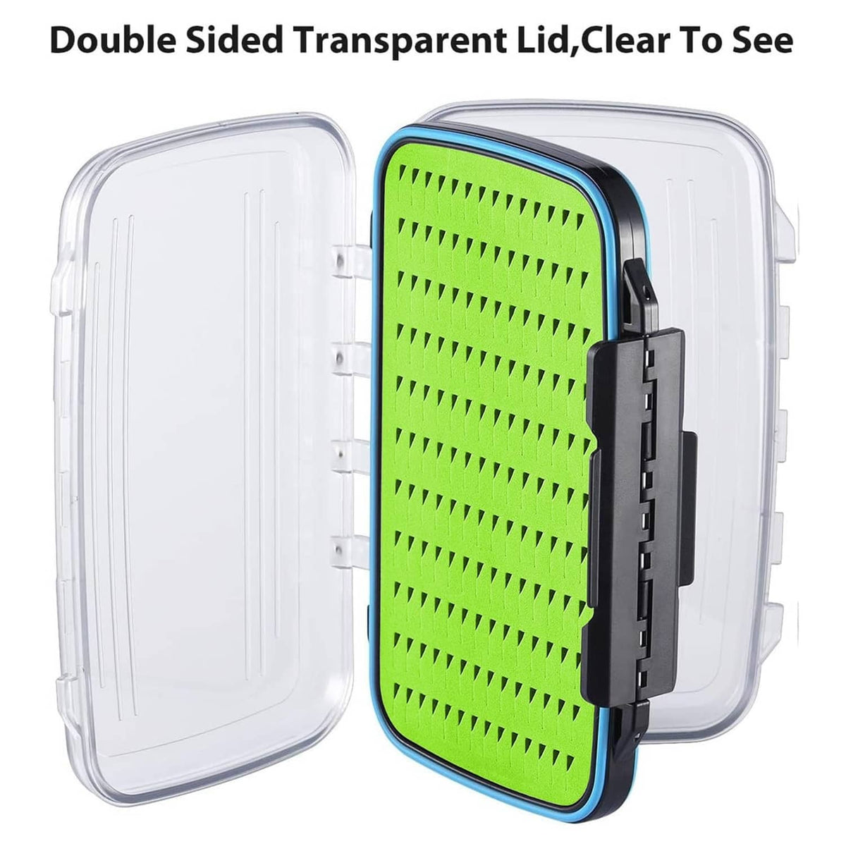 Clear double-sided lid fly fishing box with lime foam insert and black latch