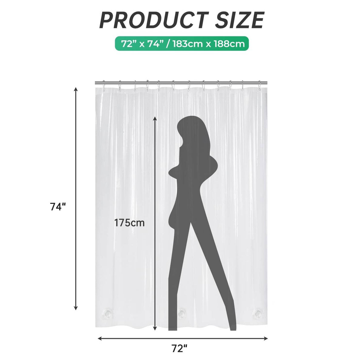 Clear shower curtain liner, 72 in W x 74 in L, with shower silhouette size guide