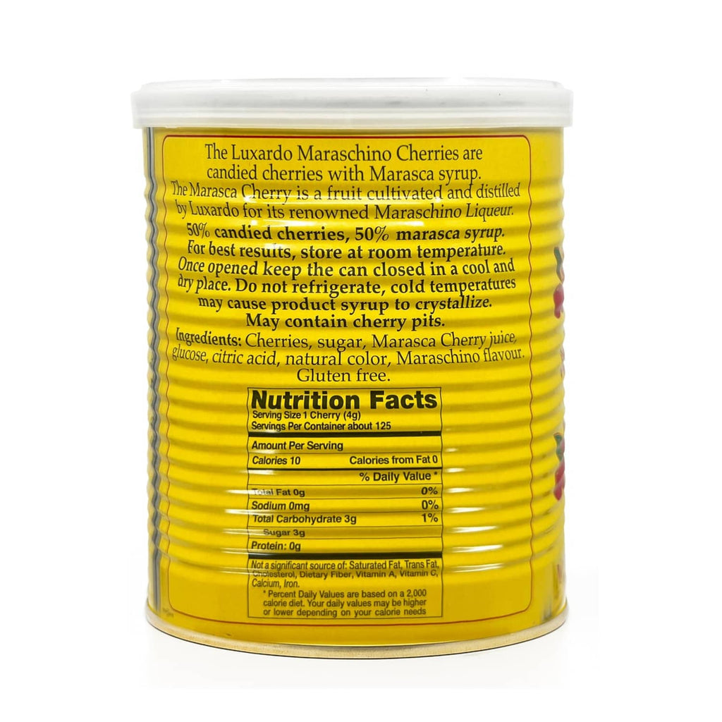 Maraschino cherries can with nutrition facts and ingredients panel on yellow container