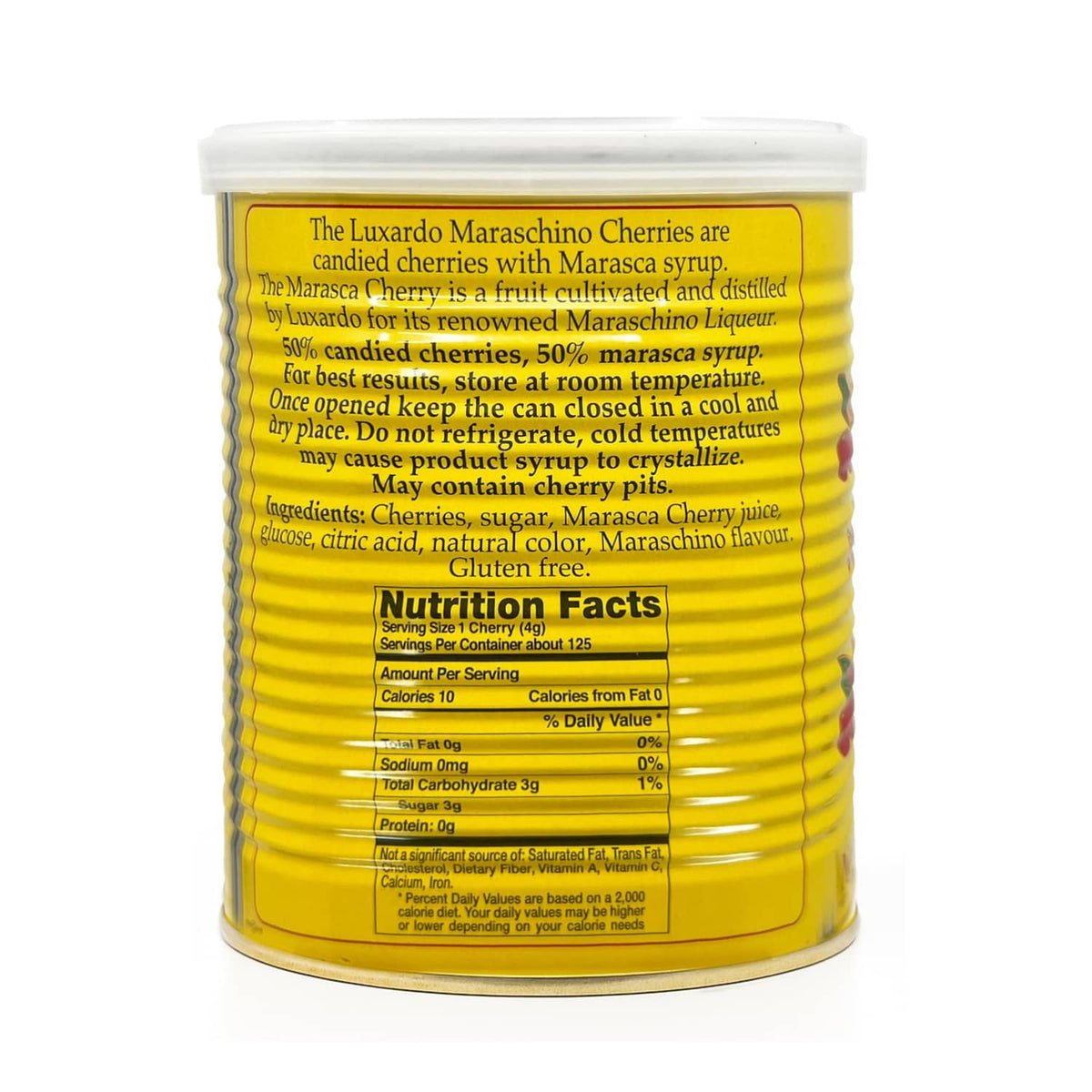 Maraschino cherries can with nutrition facts and ingredients panel on yellow container