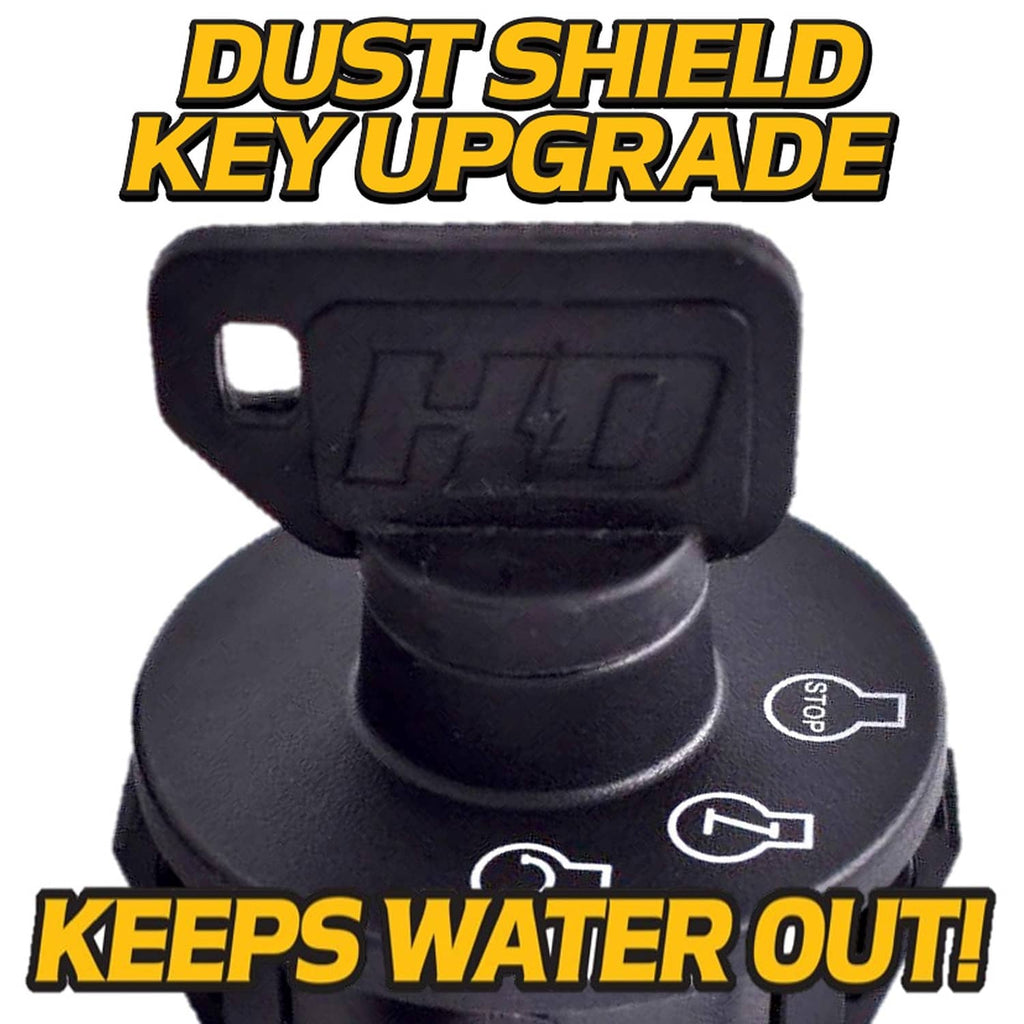 Black ignition switch head with key slot and control icons