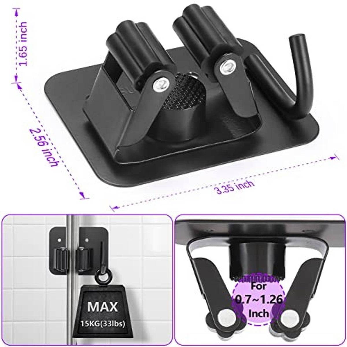 Black base broom holder with curved hooks and adjustable clamp prongs