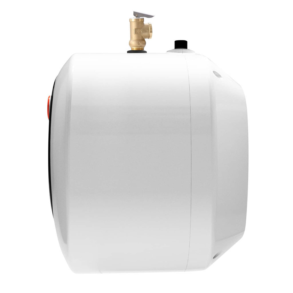 Side view of compact electric mini tank water heater with white body and top brass valve