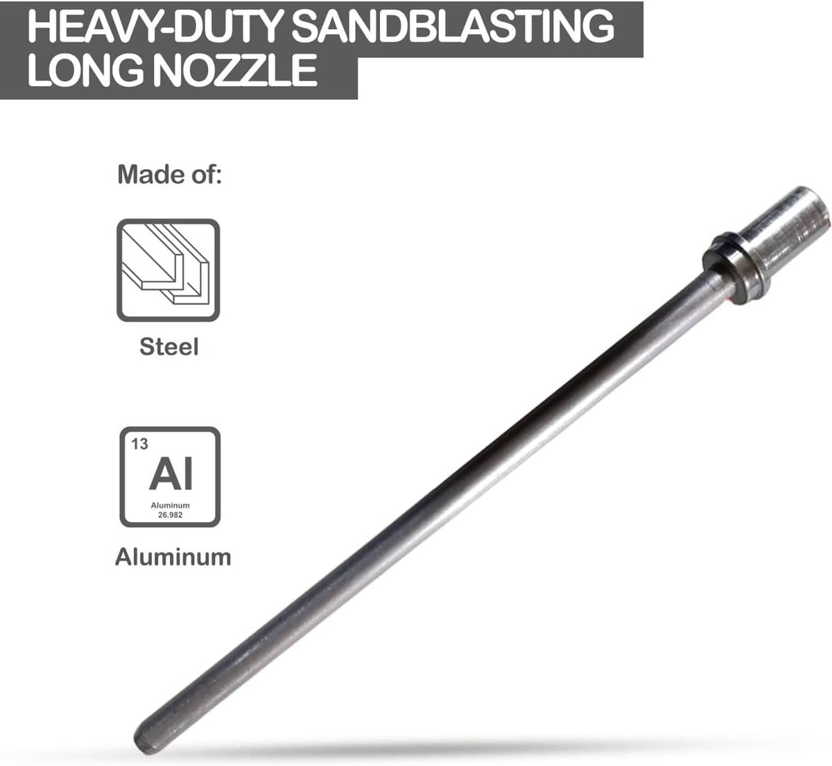 Heavy-duty long sandblasting nozzle with metal body and coupling ring