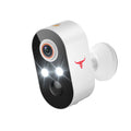 Outdoor wireless security camera in white and black with dual LED lights and lens