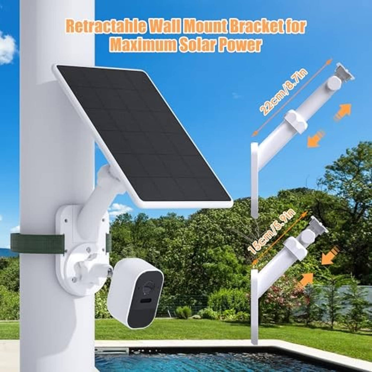 White retractable wall mount bracket for solar panel and security camera