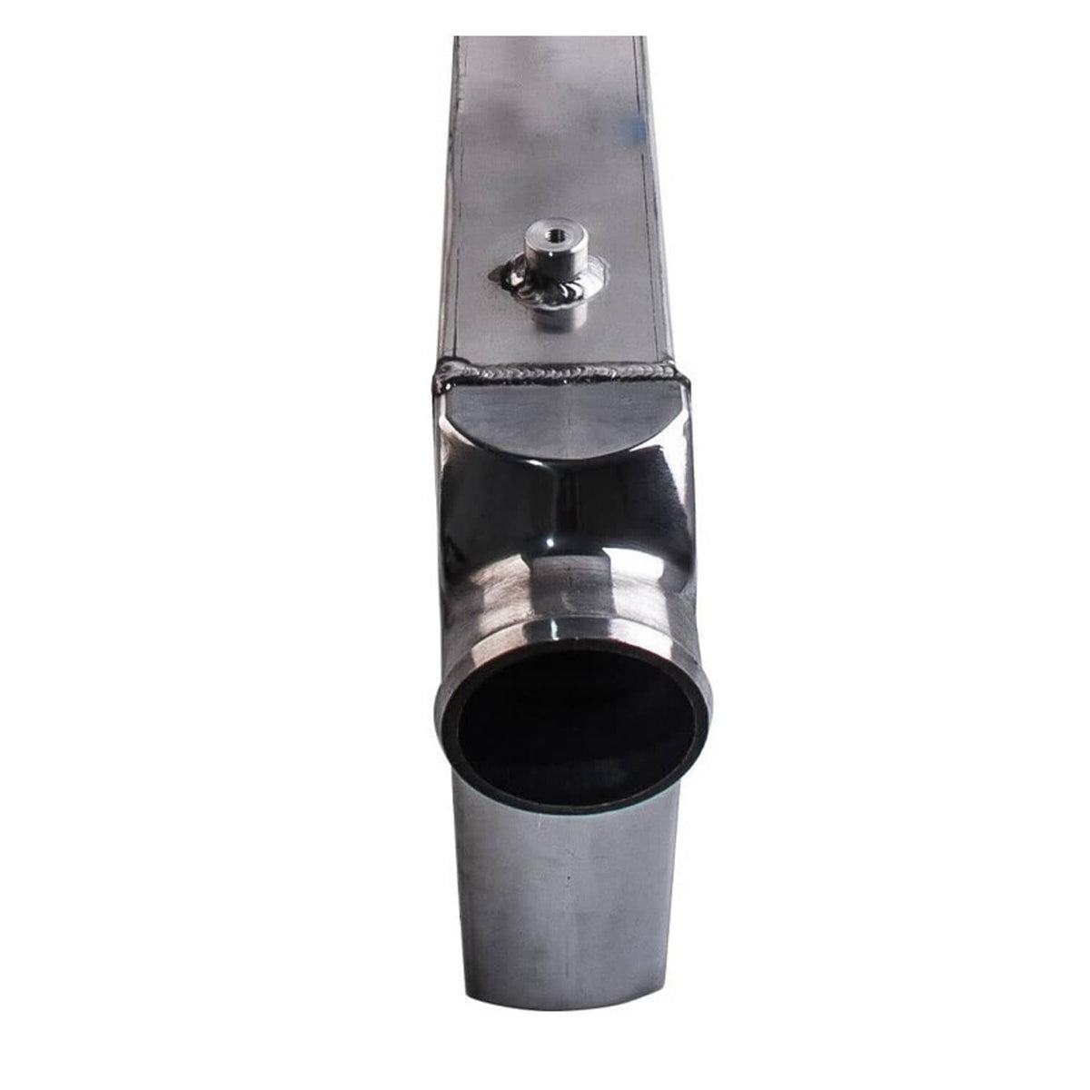 Intercooler outlet end tank with mounting stud and flanged tube connection