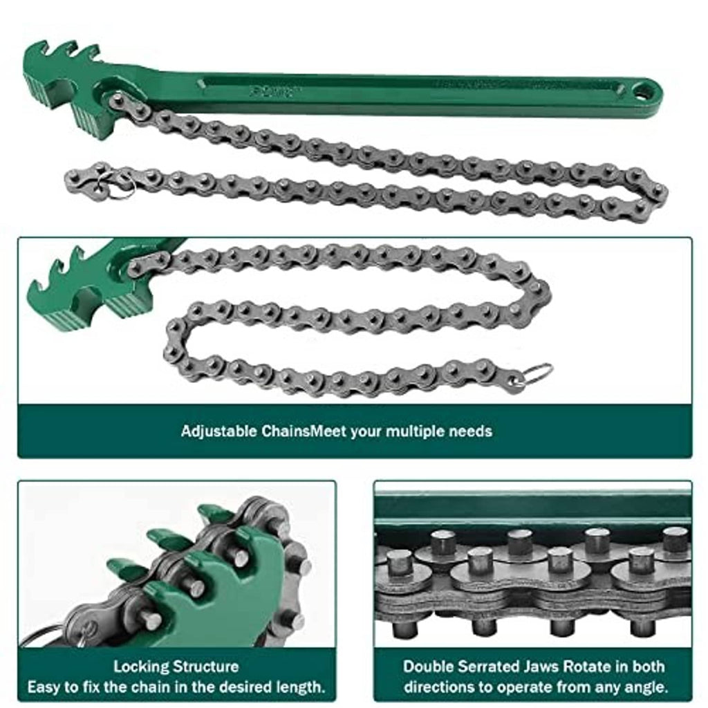 Green bar-style ratcheting chain wrench with roller chain and jaw ends