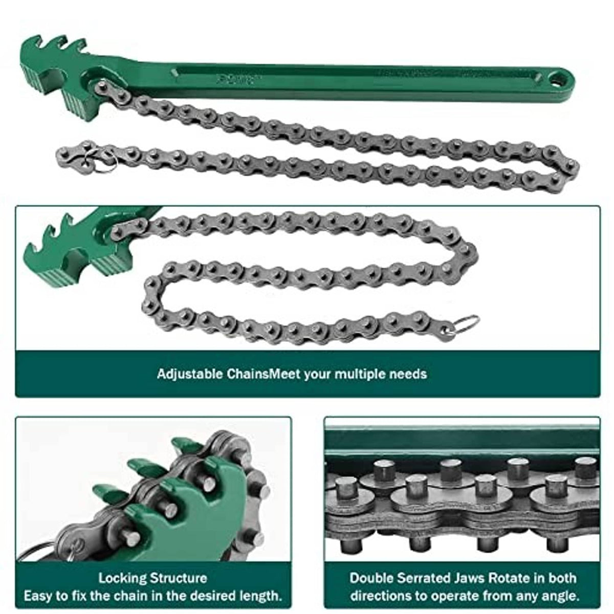 Green bar-style ratcheting chain wrench with roller chain and jaw ends