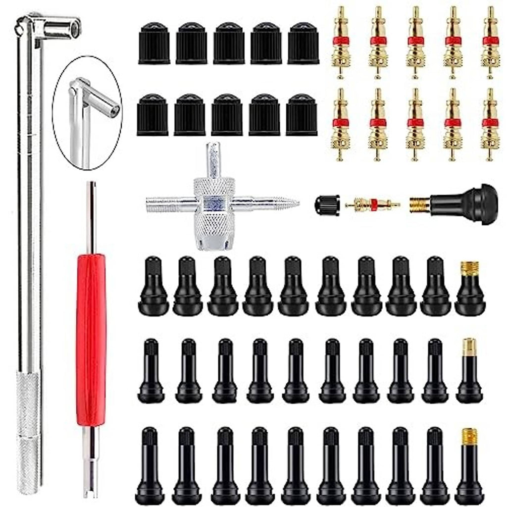 Valve stem puller installer tool kit set with red handle, black caps, and brass valve stems