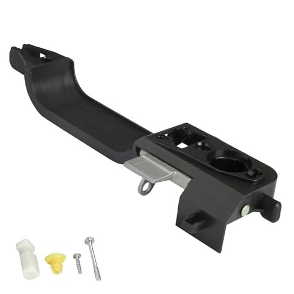 Black exterior door handle reinforcement plate with metal mounting tab and hinge bracket