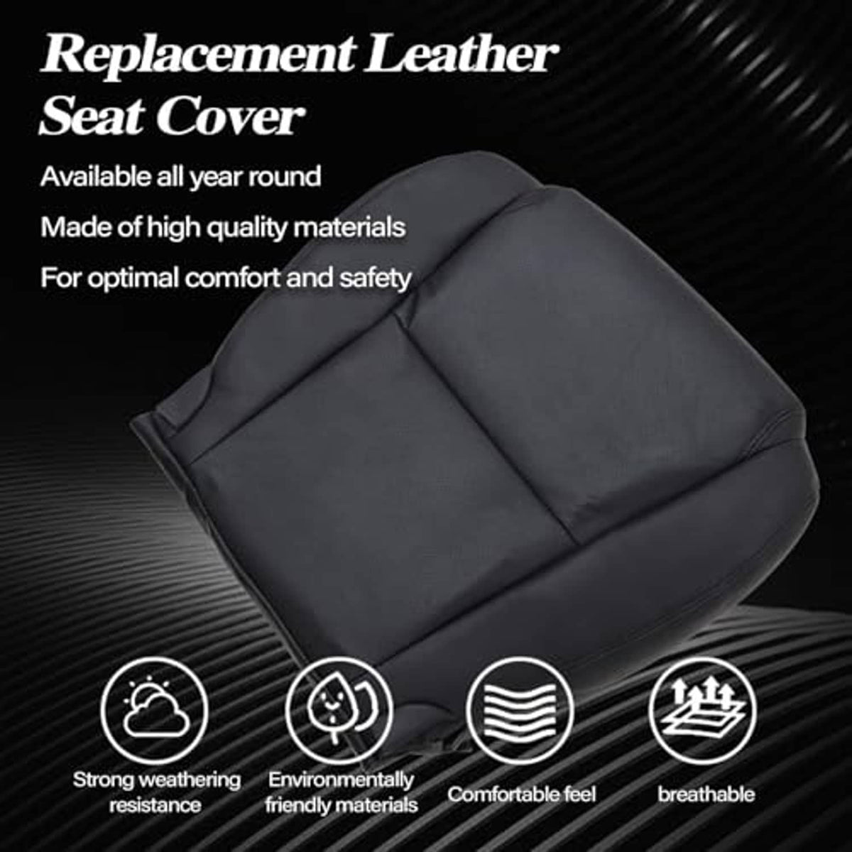 Black seat bottom replacement cover with smooth surface and stitched center seam