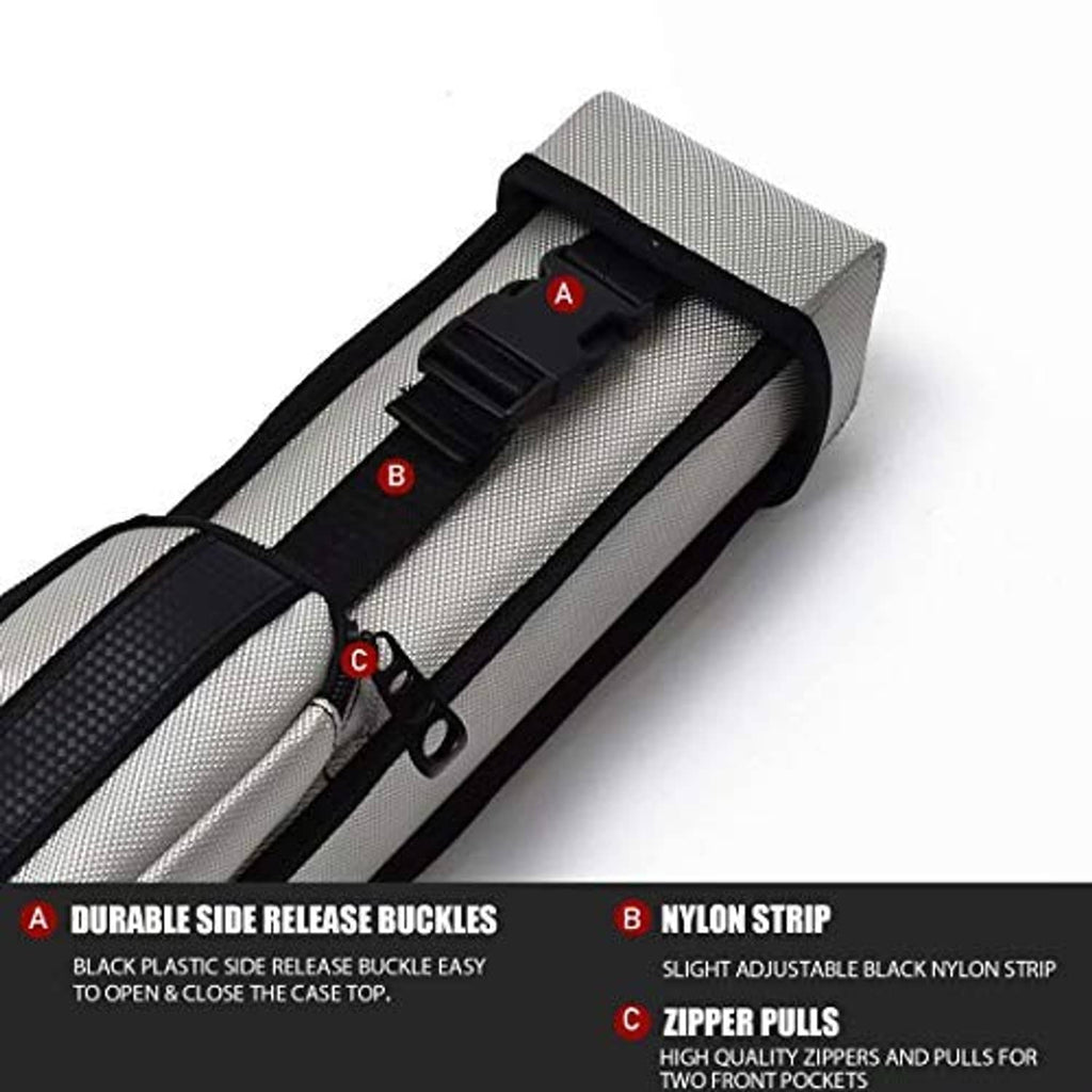 Silver gray hard cue case top open view with interior bands, buckles, and zipper opening