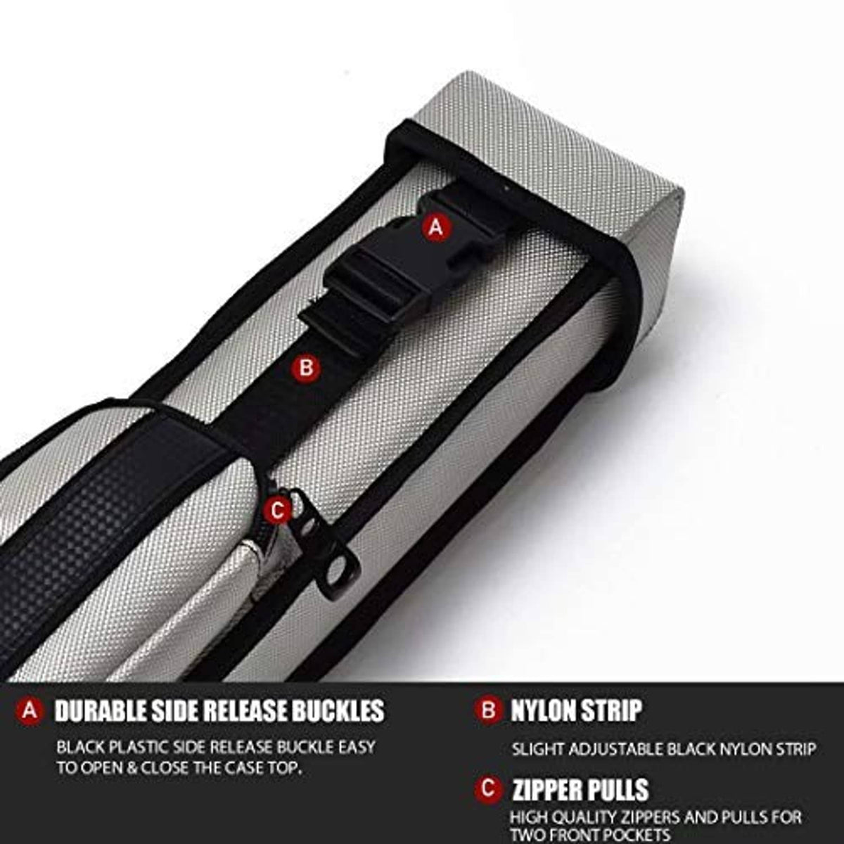 Silver gray hard cue case top open view with interior bands, buckles, and zipper opening