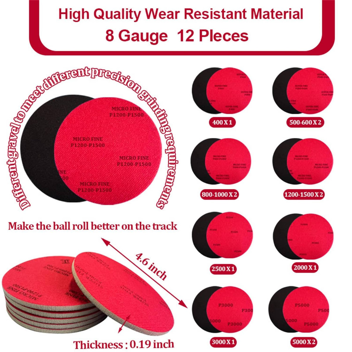 Set of round sanding pads in red with black backing, shown in multiple grit sizes