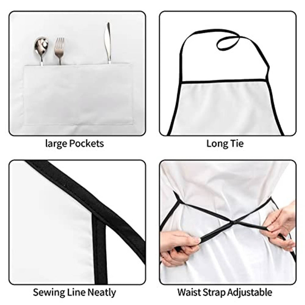 White apron with large pockets, long tie, adjustable waist strap, and neat stitching