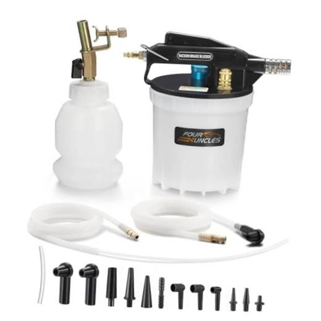 Vacuum brake fluid extractor kit with white reservoir, black head, blue valve and hoses