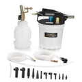Vacuum brake fluid extractor kit with white reservoir, black head, blue valve and hoses