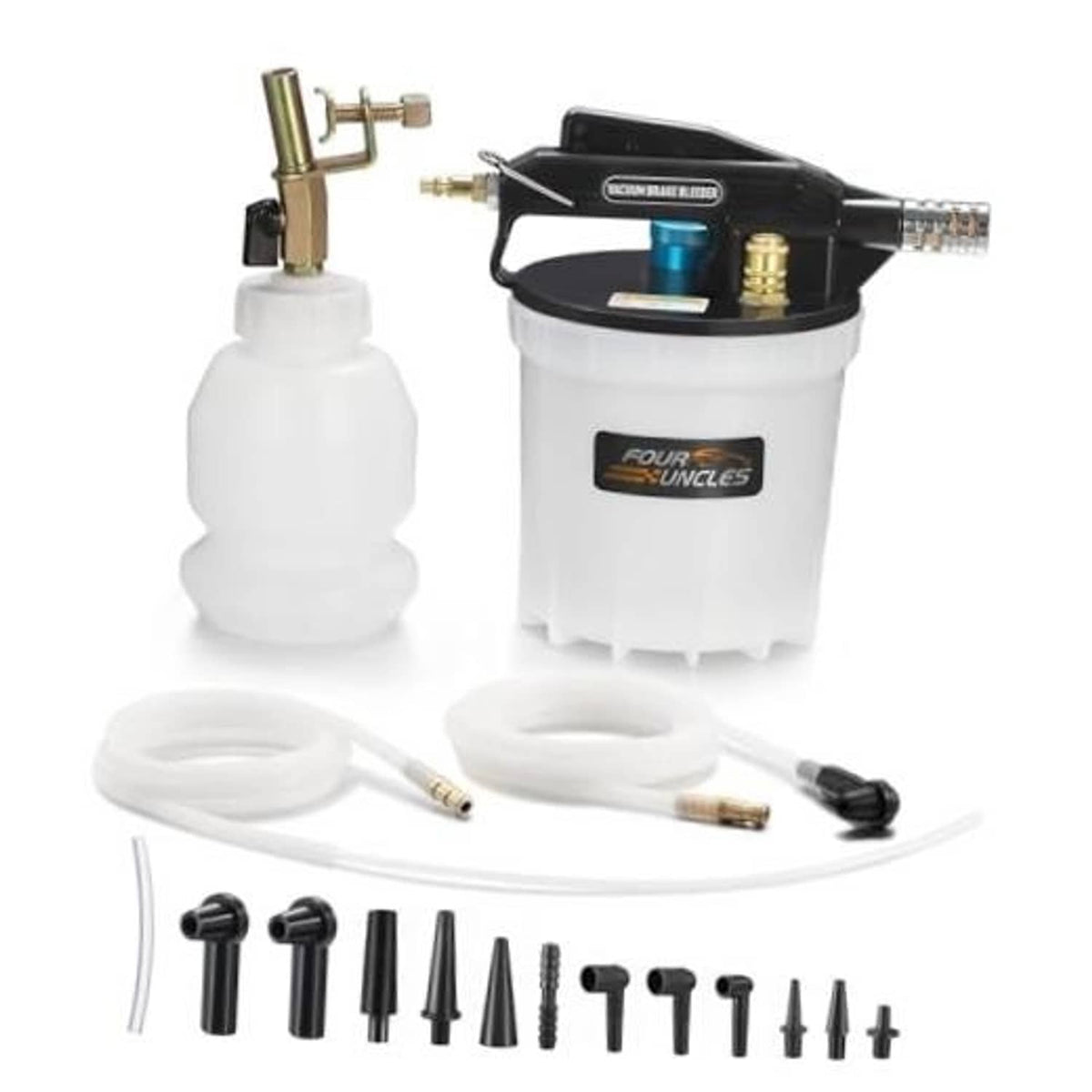 Vacuum brake fluid extractor kit with white reservoir, black head, blue valve and hoses