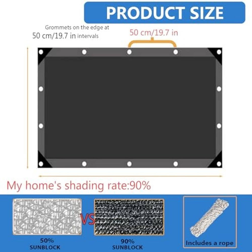 Black shade cloth tarp size diagram with edge grommets and interval marks