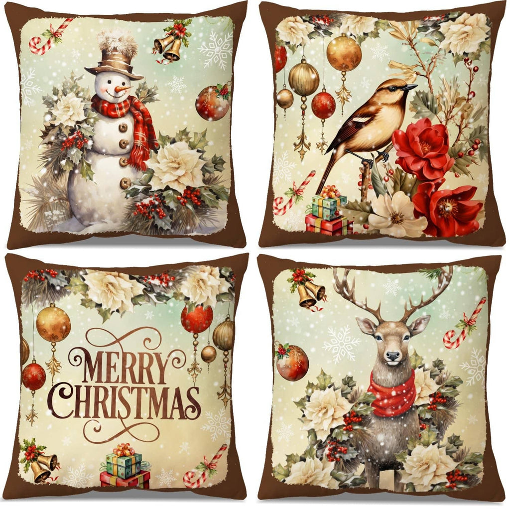 Set of 4 Christmas decorative throw pillows: snowman, bird, 'Merry Christmas', deer