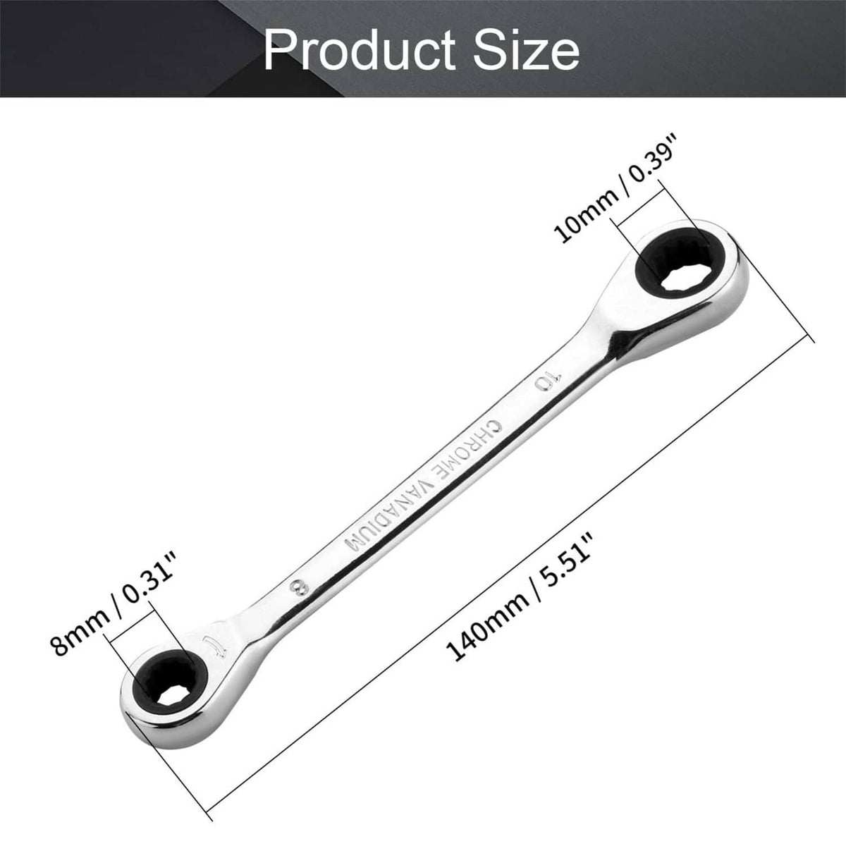 Chrome metric ratcheting double box-end wrenches, 8 mm and 10 mm, side view