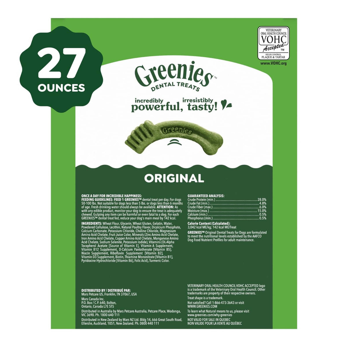 Back of Greenies Original dental treat bag with 27 ounces and ingredient information