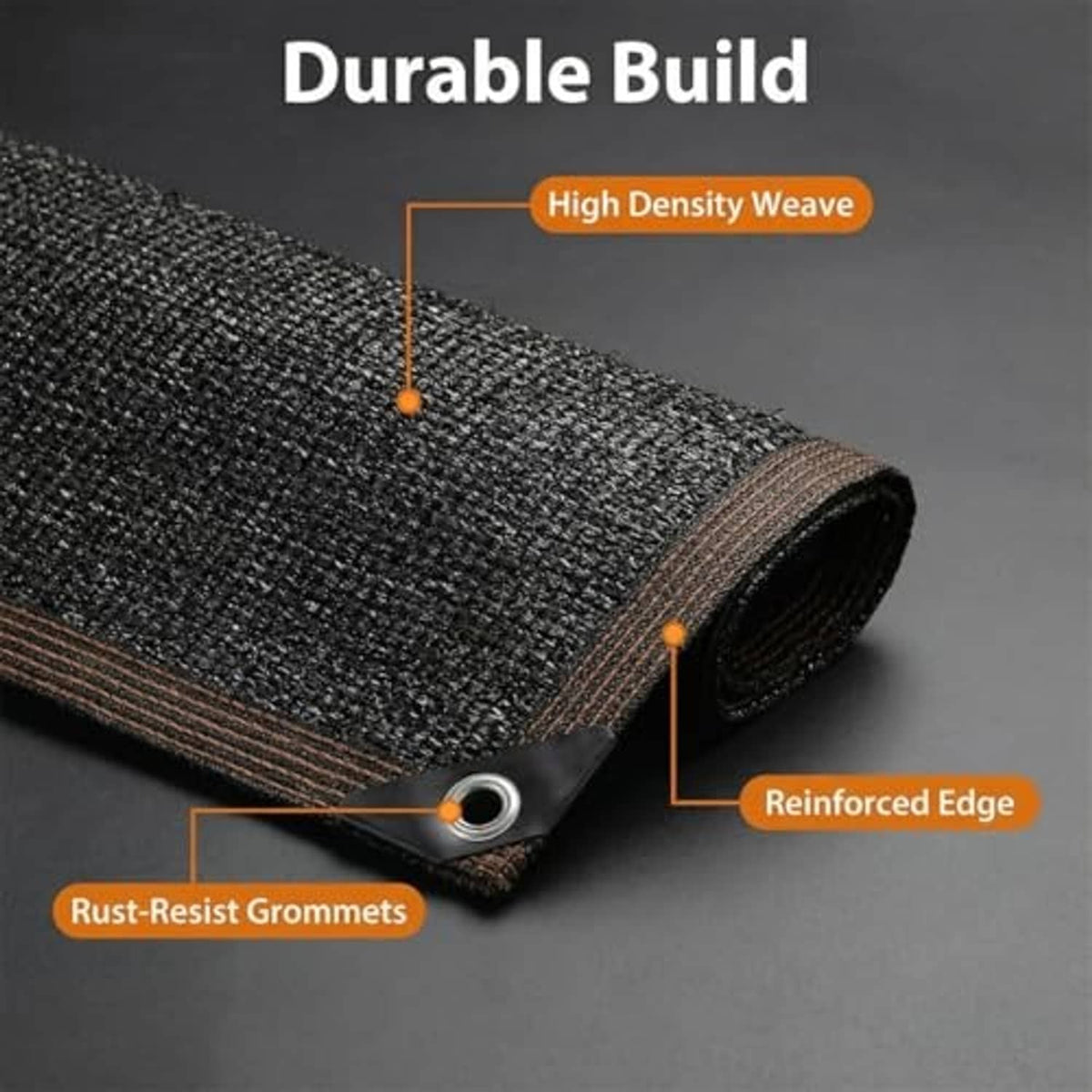 Black mesh shade cloth roll edge with reinforced hem and rust-resistant grommets.