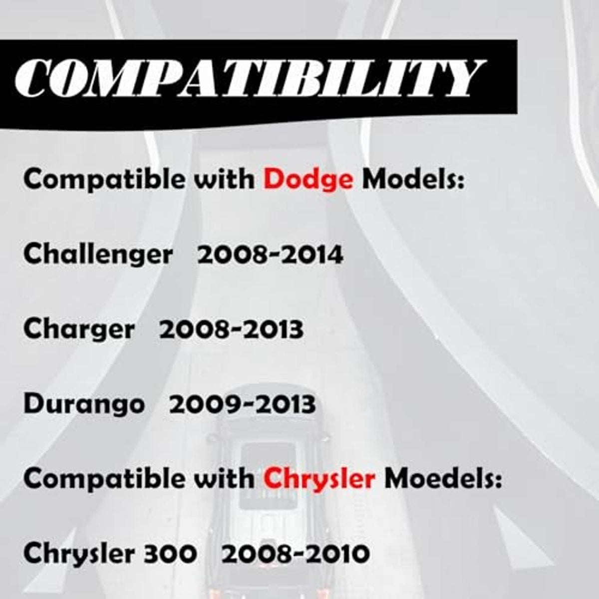 Compatibility list graphic for key fob replacement: Challenger 2008-2014, Charger, Durango