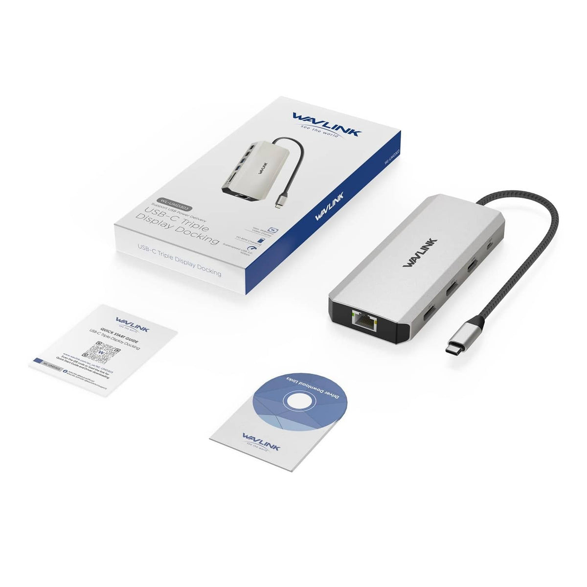 Silver laptop docking station kit with USB-C cable, documents, and retail packaging