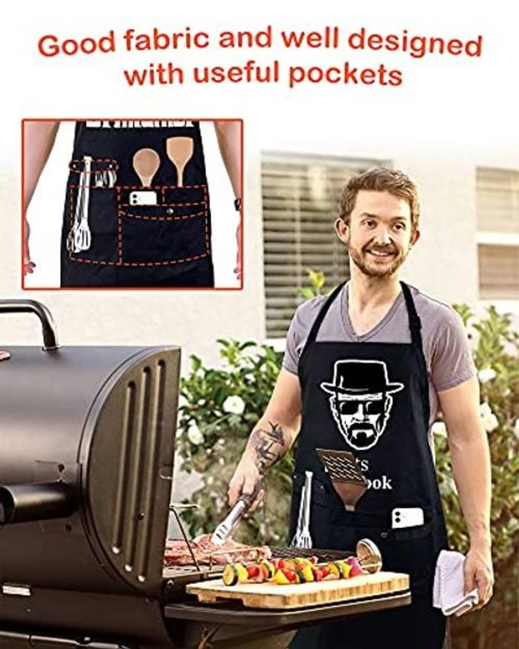 Black "Let's Cook" chef apron with side utensil holder and front pockets