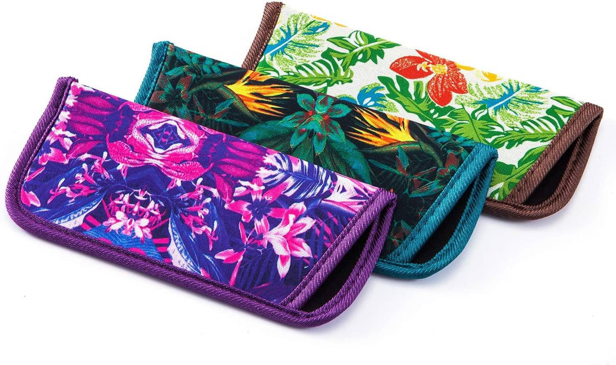 Set of slim eyeglasses pouches with tropical floral prints in purple and teal panels