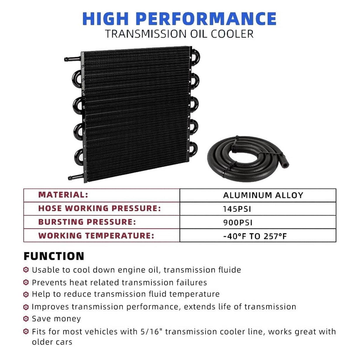 Transmission oil cooler unit with black fin core and bundled hose assembly
