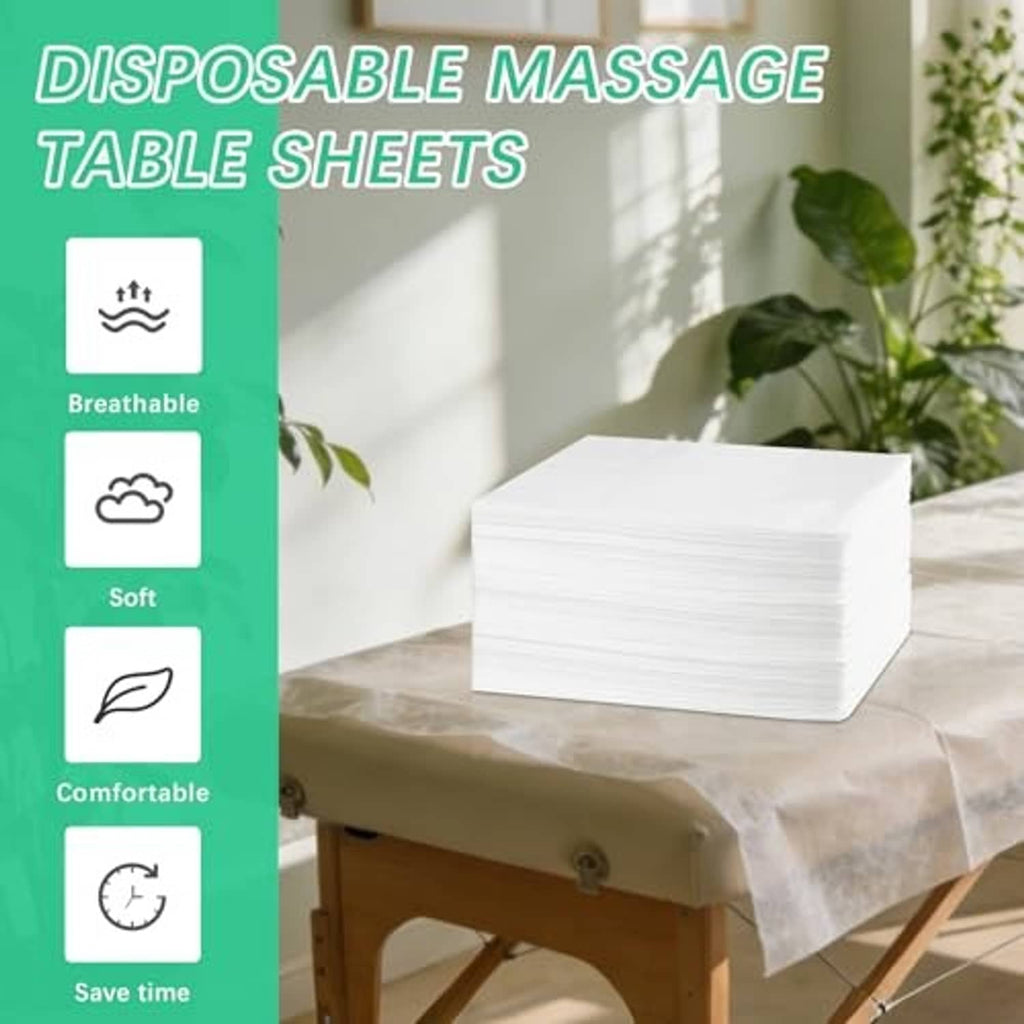 Disposable massage table sheets stack, non-woven white, ready for single-use coverage