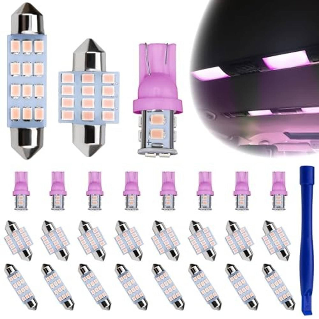 Pink T10 dome LED bulbs set with several bulbs and a purple-lit car interior