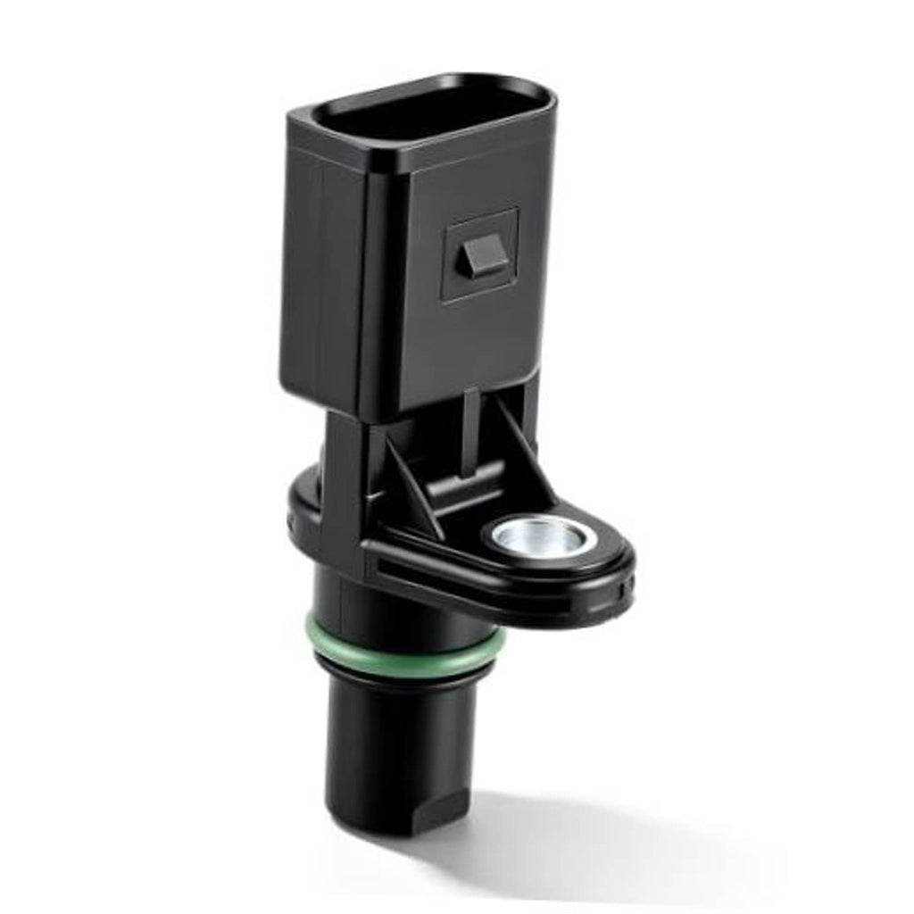 Black engine camshaft position sensor with green seal ring and metal plate