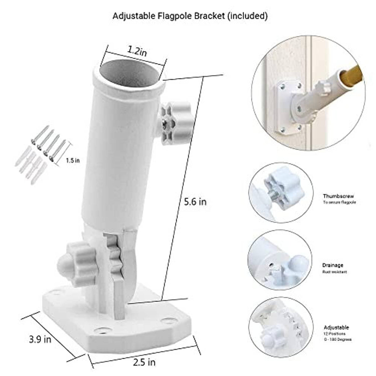 Adjustable flagpole bracket with base plate and mounting hardware diagram
