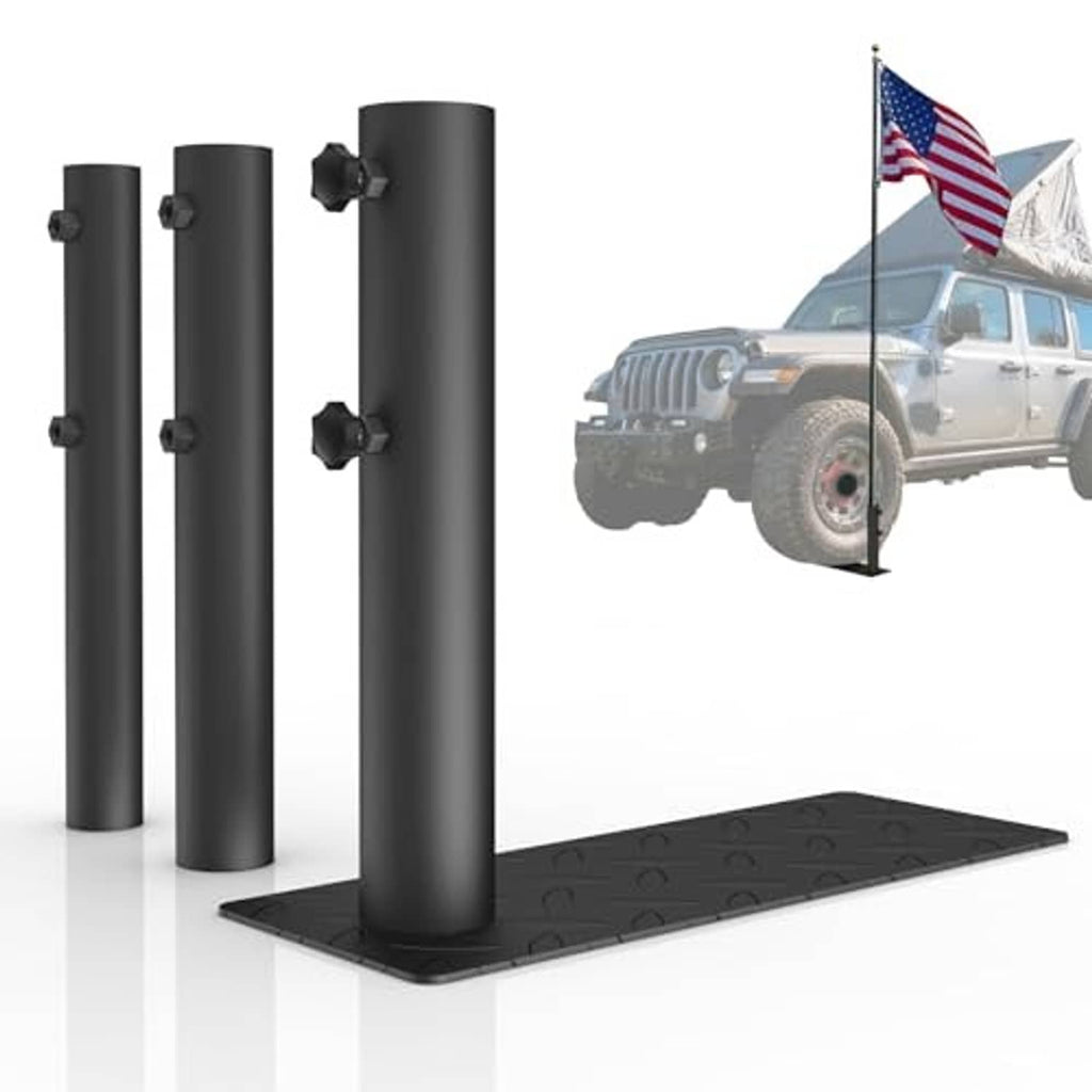 Black flag pole tire mount holder with three vertical tubes and textured square base