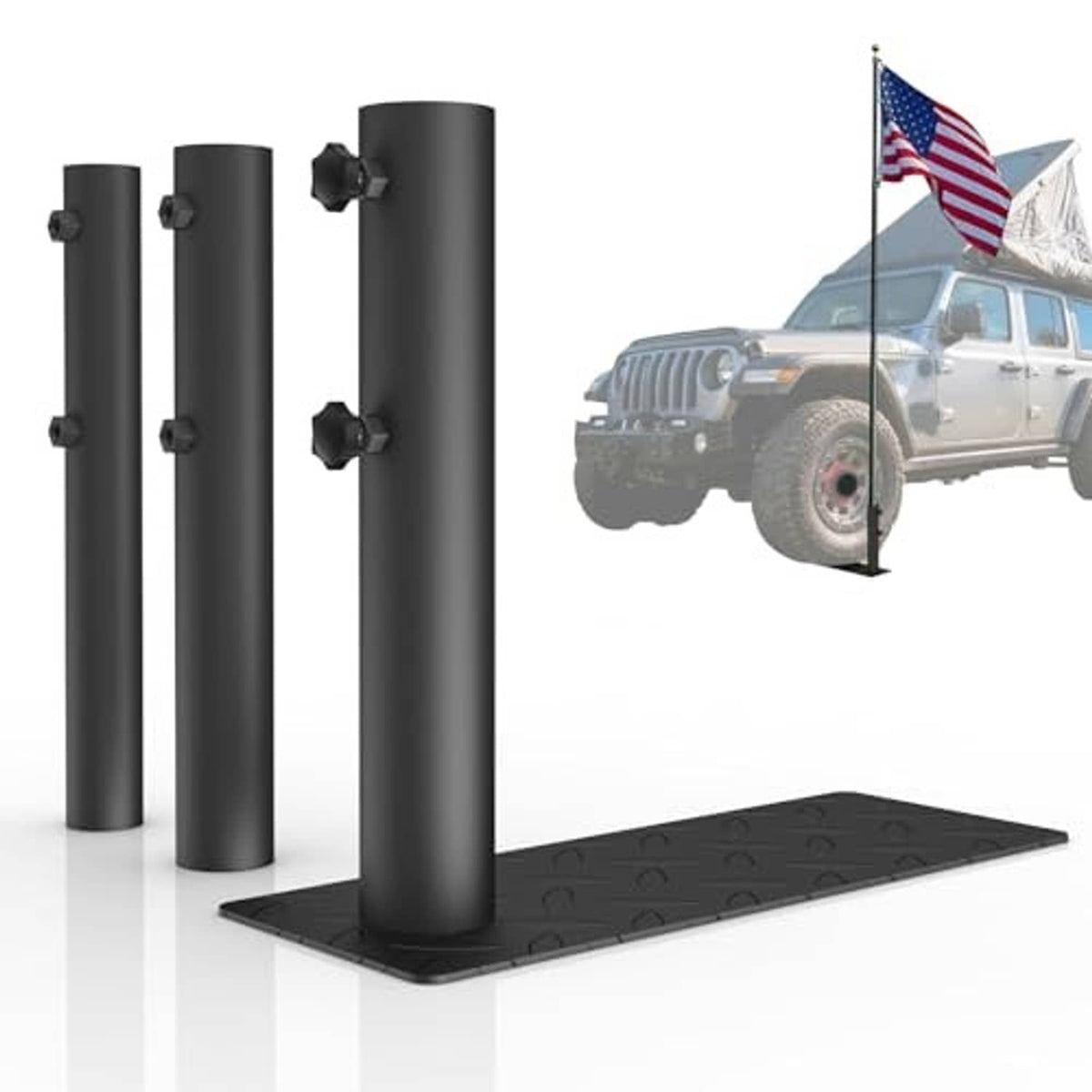 Black flag pole tire mount holder with three vertical tubes and textured square base