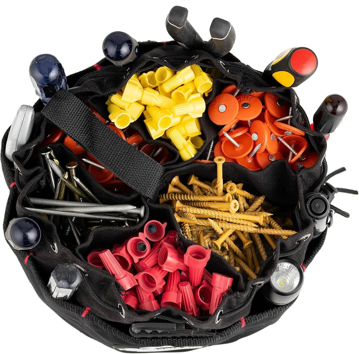 Black parachute bag with colorful tools inside, open top and reinforced rim