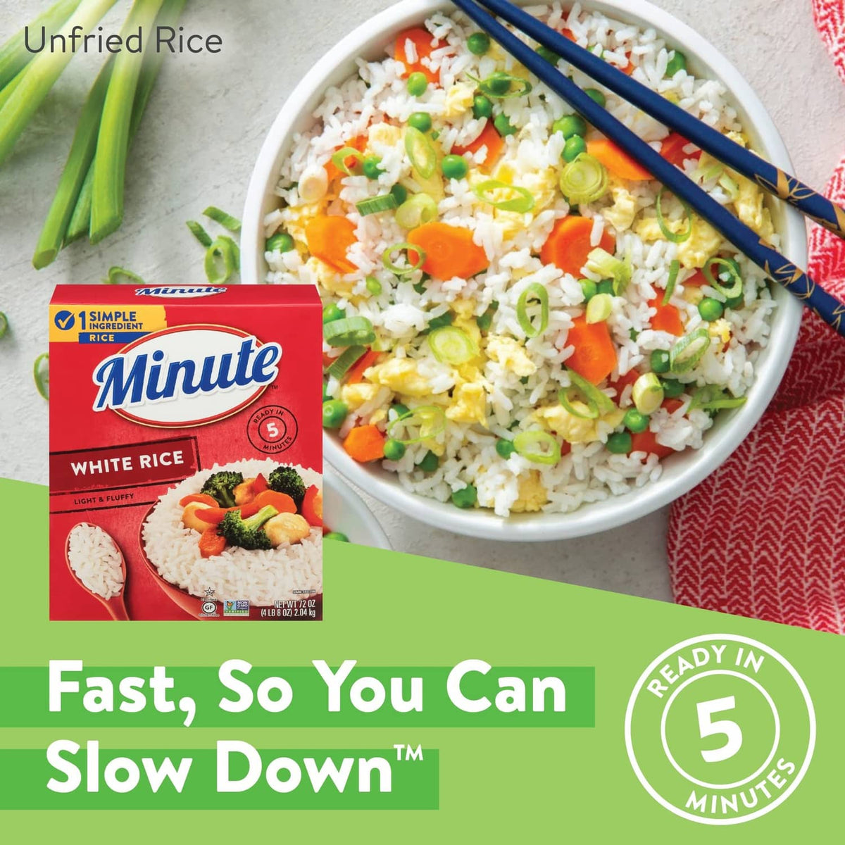 Instant white rice package beside a bowl of mixed vegetables and white rice