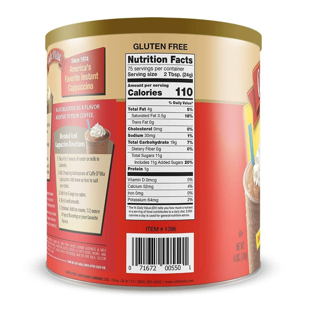 Mocha cappuccino mix can with nutrition facts and gluten-free label