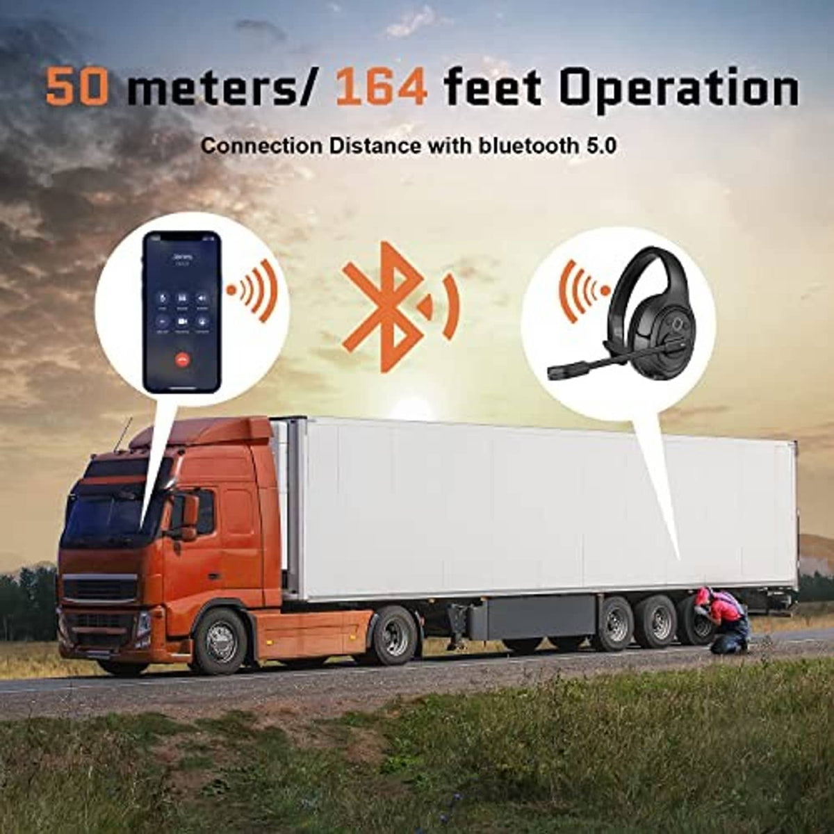 Over-ear black Bluetooth headset with boom mic shown with a truck on roadside