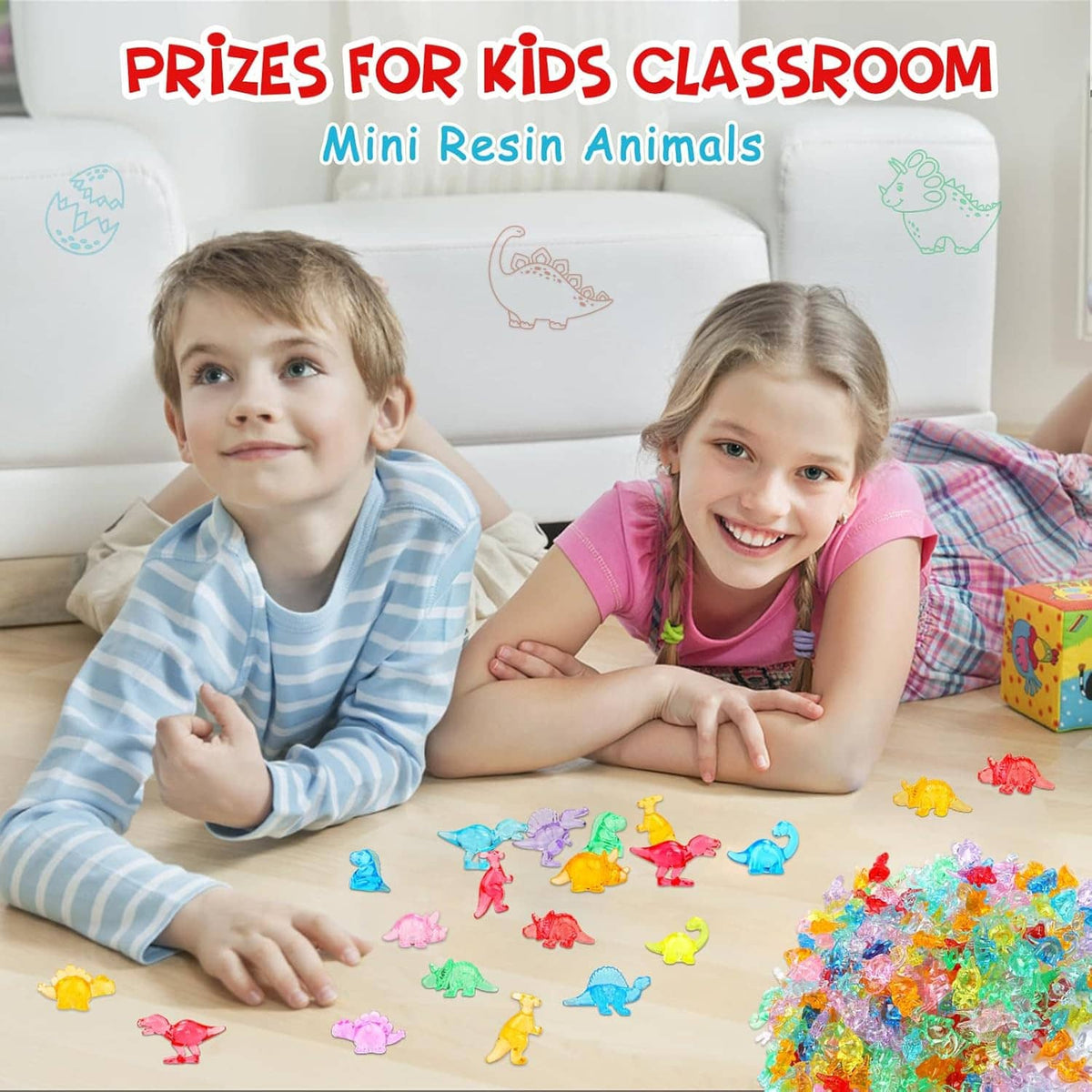 Mini resin dinosaur figures on a bed with two kids lying down, multicolored