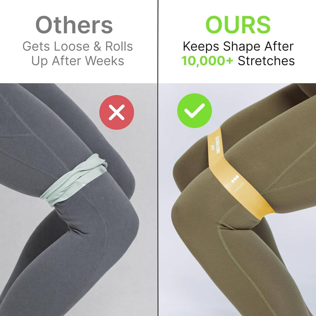 Colorful resistance loop bands shown on legs for long-lasting shape