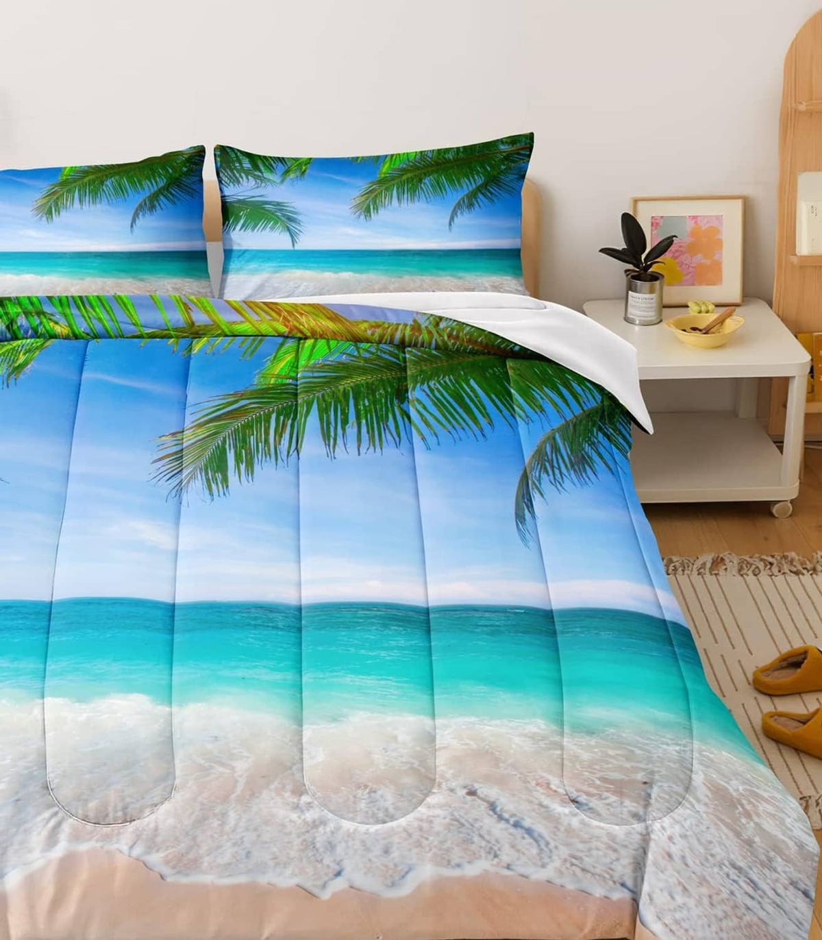 Ocean-striped comforter with palm tree border and two pillow shams