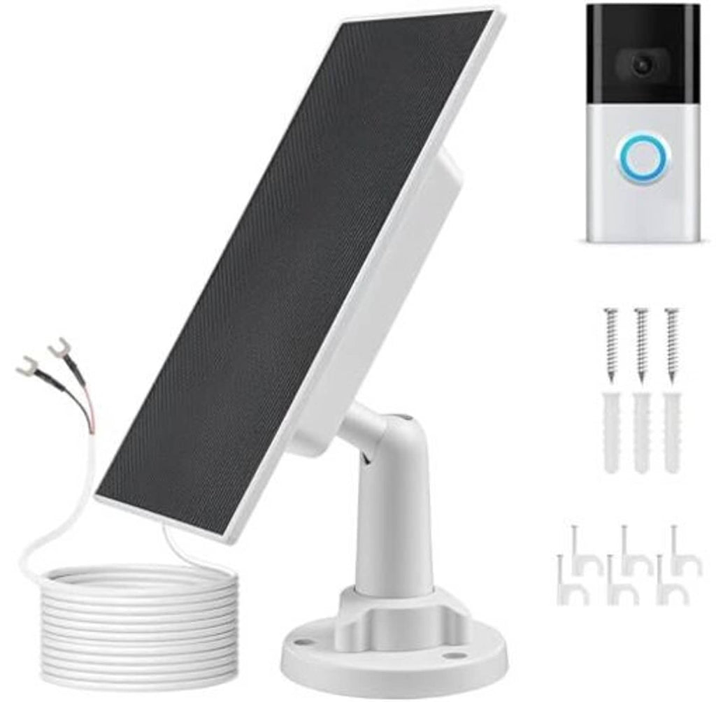 Solar charger kit with angled black solar panel, white mounting base, and doorbell module