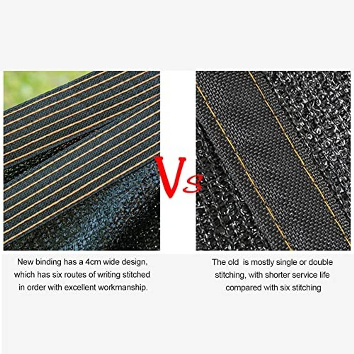 Black mesh shade cloth fabric close-up showing stitched binding stripes detail